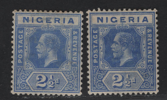 Lot 67 Nigeria #4a 2 1/2d Dull Blue & Pale Dull Blue, 1914-1929 King George V Imperium Keyplate Issue, Wmk Multiple Crown CA, 2 VFOG Singles 1915 Printings On Paper With Transparent Wmk And Yellowish Toned Gum