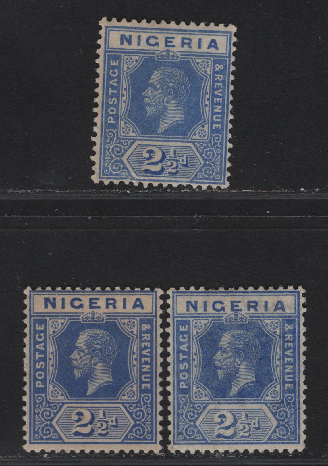 Lot 68 Nigeria #4a 2 1/2d Pale Dull Blue, Dull Blue, Deep Dull Blue, 1914-1929 King George V Imperium Keyplate Issue, Wmk Multiple Crown CA, 3 FOG Singles 1915 Printings On Paper With Transparent Wmk And Yellowish Toned Gum