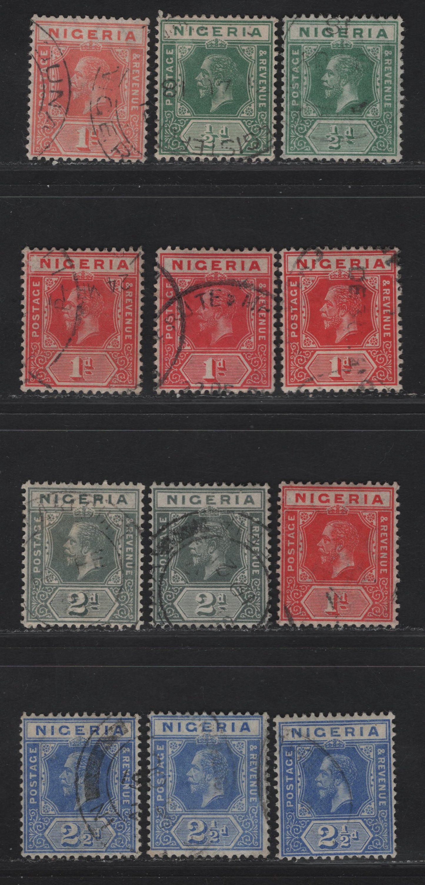 Lot 69 Nigeria #1-4a 1/2d Green, Pale Green, 1d Carmine Red, 1d Scarlet, 2d Grey, 2d Slate Grey, 2 1/2d Bright Blue, Dull Blue & Cobalt & Bright Blue, 1914-1929 King George V Imperium Keyplate Issue, Wmk Multiple Crown CA, 12 VF Used Singles