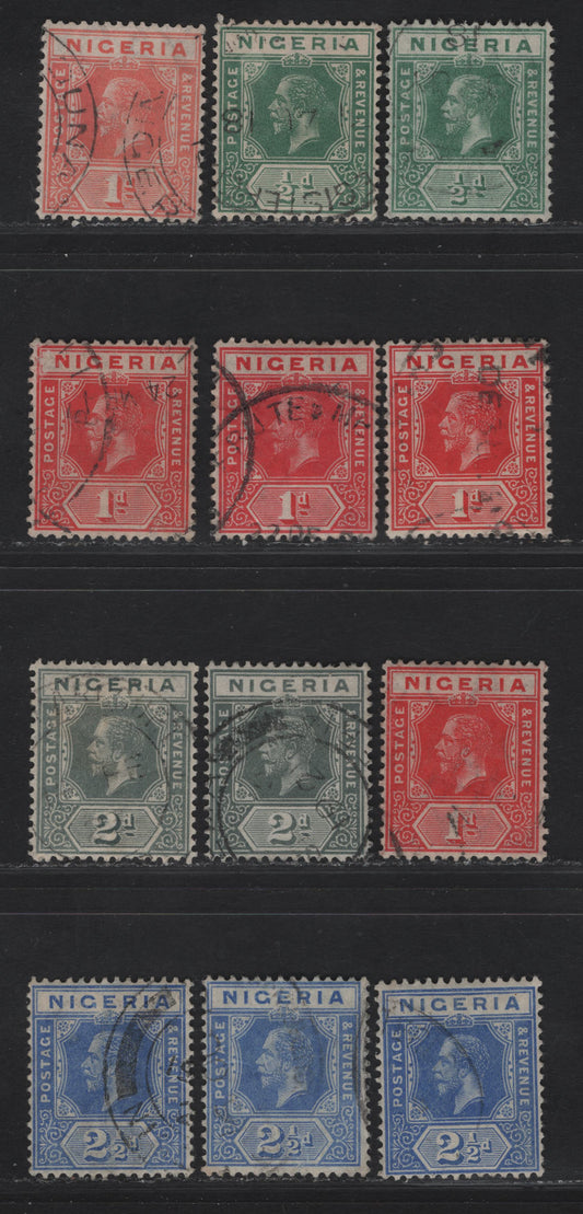 Lot 69 Nigeria #1-4a 1/2d Green, Pale Green, 1d Carmine Red, 1d Scarlet, 2d Grey, 2d Slate Grey, 2 1/2d Bright Blue, Dull Blue & Cobalt & Bright Blue, 1914-1929 King George V Imperium Keyplate Issue, Wmk Multiple Crown CA, 12 VF Used Singles