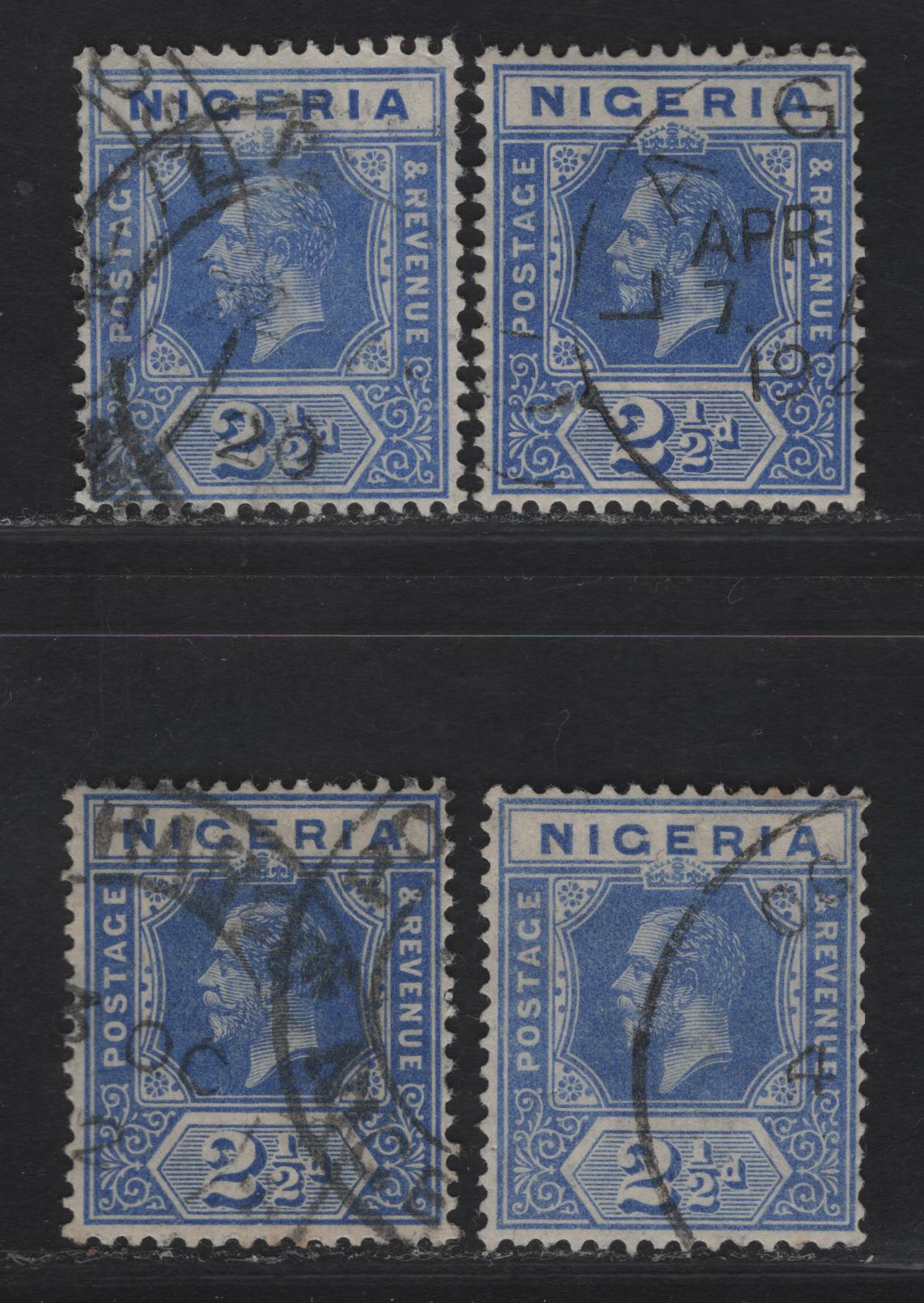 Lot 70 Nigeria #4-4a 2 1/2d Bright Blue, 2 1/2d Cobalt & Bright Blue, 2 1/2d Dull Blue, 2 1/2d Deep Bright Blue, 1914-1929 King George V Imperium Keyplate Issue, Wmk Multiple Crown CA, 4 Very Fine Used Singles On Paper With Transparent Watermark