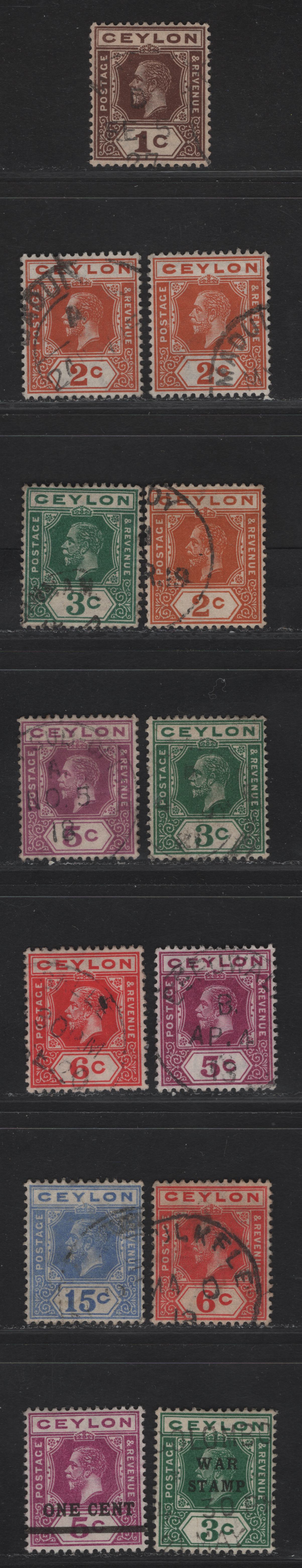 Lot 7 Ceylon #301, 302, 303, 304, 305, 307, 307a, 309, 311a, 332, 337c 1c Brown - 1c On 5c Bright Magenta, 1912-1925 King George V Imperium Keyplate Issue With Wmk Multiple Crown CA, 13 Very Fine Used Singles