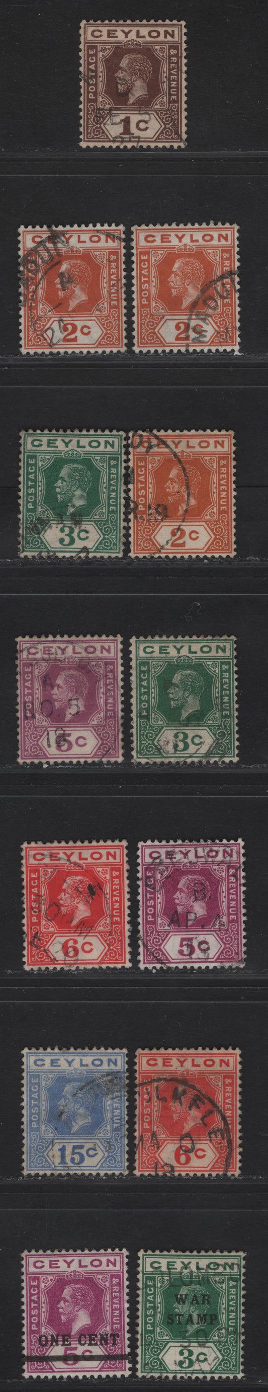 Lot 7 Ceylon #301, 302, 303, 304, 305, 307, 307a, 309, 311a, 332, 337c 1c Brown - 1c On 5c Bright Magenta, 1912-1925 King George V Imperium Keyplate Issue With Wmk Multiple Crown CA, 13 Very Fine Used Singles