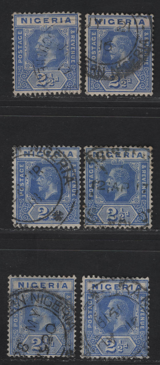 Lot 71 Nigeria #4-4a 2 1/2d Cobalt & Blue, Blue, Cobalt & Bright Blue, Cobalt & Dull Blue, 1914-1929 King George V Imperium Keyplate Issue, Wmk Multiple Crown CA, 6 F & VF Used Singles Dated Examples Showing The Progression Of Shades On This Value