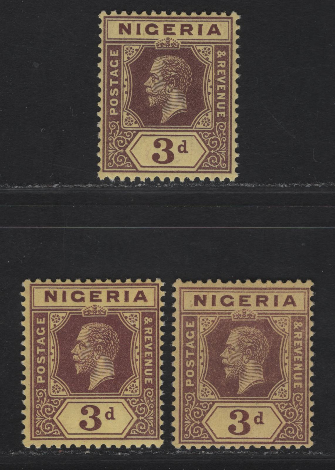 Lot 73 Nigeria #5 3d Chocolate & Purple Brown, Dull Chocolate, Chocolate & Reddish Purple Brown On Yellow Paper W/ White Back, 1914-29 King George V Imperium Keyplate Issue, Wmk Multiple Crown CA, 3 F & VF NH Singles 3 Shades Of This Early Printing