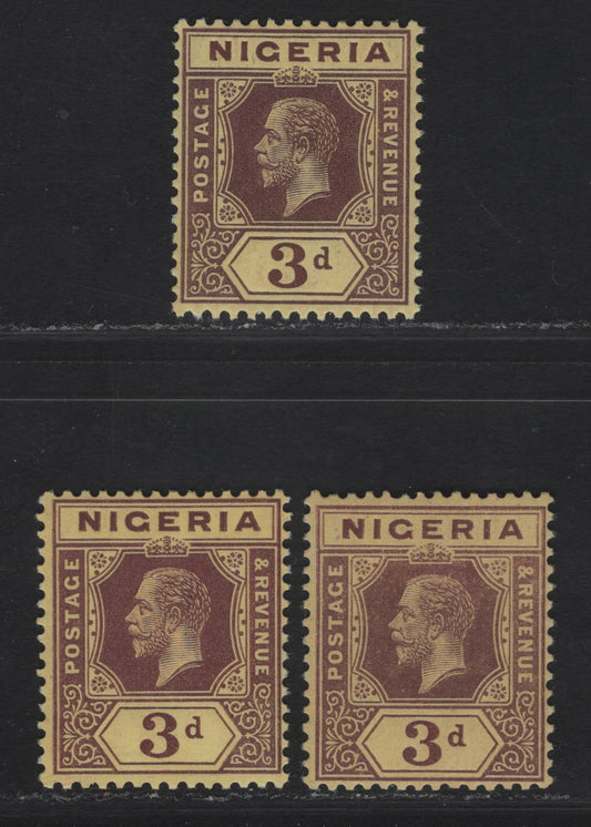 Lot 73 Nigeria #5 3d Chocolate & Purple Brown, Dull Chocolate, Chocolate & Reddish Purple Brown On Yellow Paper W/ White Back, 1914-29 King George V Imperium Keyplate Issue, Wmk Multiple Crown CA, 3 F & VF NH Singles 3 Shades Of This Early Printing