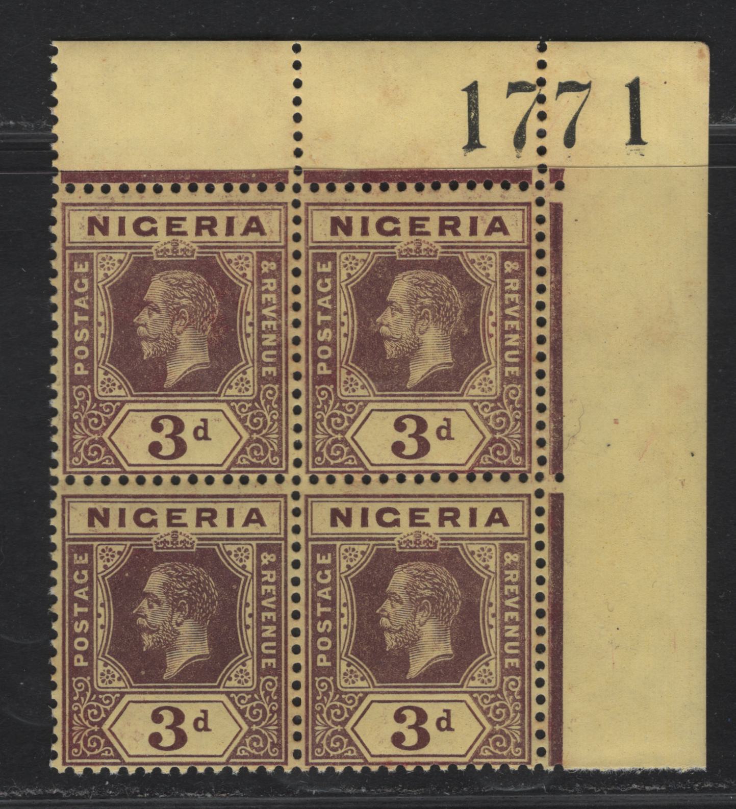 Lot 74 Nigeria #5 3d Chocolate & Dull Purple Brown On Deep Yellow Paper With White Back, 1914-1929 King George V Imperium Keyplate Issue, Wmk Multiple Crown CA, A FNH UR Sheet Margin Block Of 4 With Sheet Margin #1771 Handstamped On Selvedge