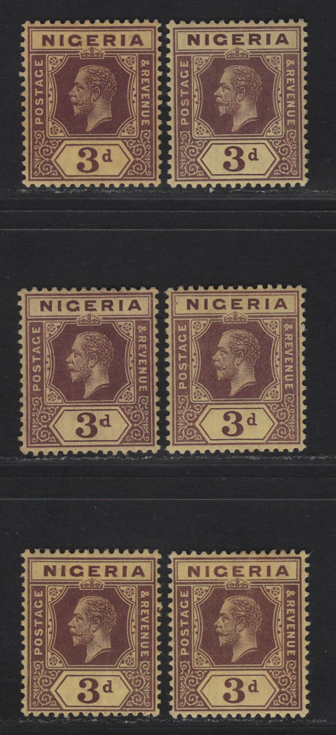 Lot 75 Nigeria #5, 5a 3d Deep Chocolate & Dull Purple Brown, Chocolate & Dull Purple Brown, Chocolate & Purple Brown, Chocolate & Reddish Purple Brown, 1914-1929 King George V Imperium Keyplate Issue, Wmk Multiple Crown CA, 6 VFOG Singles
