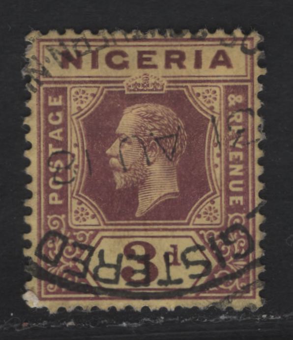Lot 76 Nigeria #5 3d Chocolate & Purple Brown On Yellow Paper With White Back, 1914-1929 King George V Imperium Keyplate Issue, Wmk Multiple Crown CA, A VF Used Single With 1918 Registry Cancel
