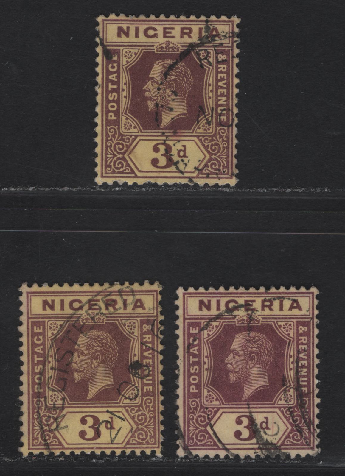 Lot 77 Nigeria #5 3d Chocolate & Reddish Chocolate, Chocolate & Reddish Purple Brown And Chocolate & Dull Reddish Purple Brown, 1914-1929 King George V Imperium Keyplate Issue, Wmk Multiple Crown CA, 3 F&VF Used Singles On Yellow Paper With White Back