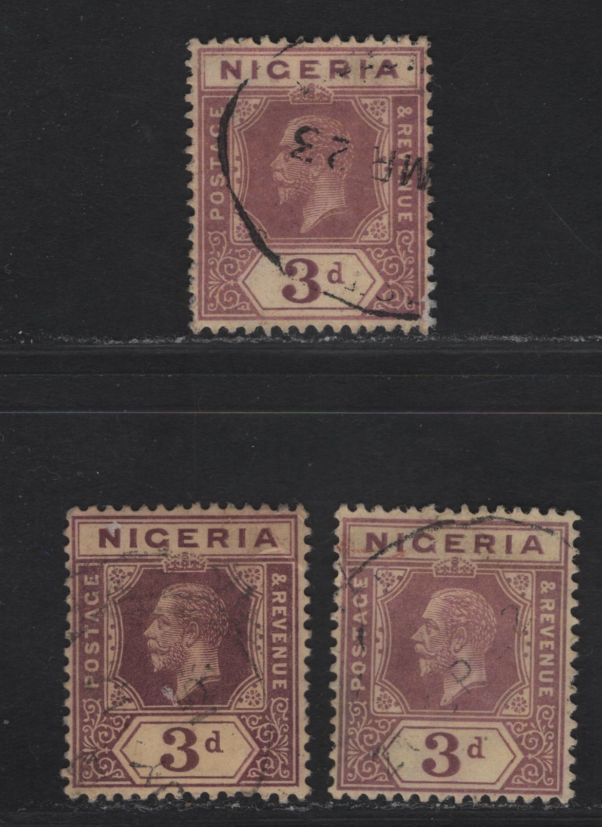Lot 78 Nigeria #5 3d Pale Purple, Purple, Chocolate & Dull Purple, 1914-1929 King George V Imperium Keyplate Issue, Wmk Multiple Crown CA, 3 VF Used Singles On Pale Yellow Paper With White Back