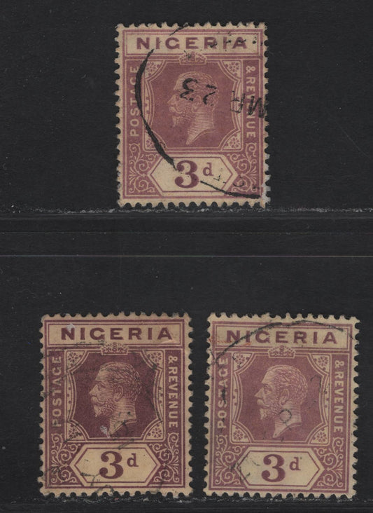 Lot 78 Nigeria #5 3d Pale Purple, Purple, Chocolate & Dull Purple, 1914-1929 King George V Imperium Keyplate Issue, Wmk Multiple Crown CA, 3 VF Used Singles On Pale Yellow Paper With White Back