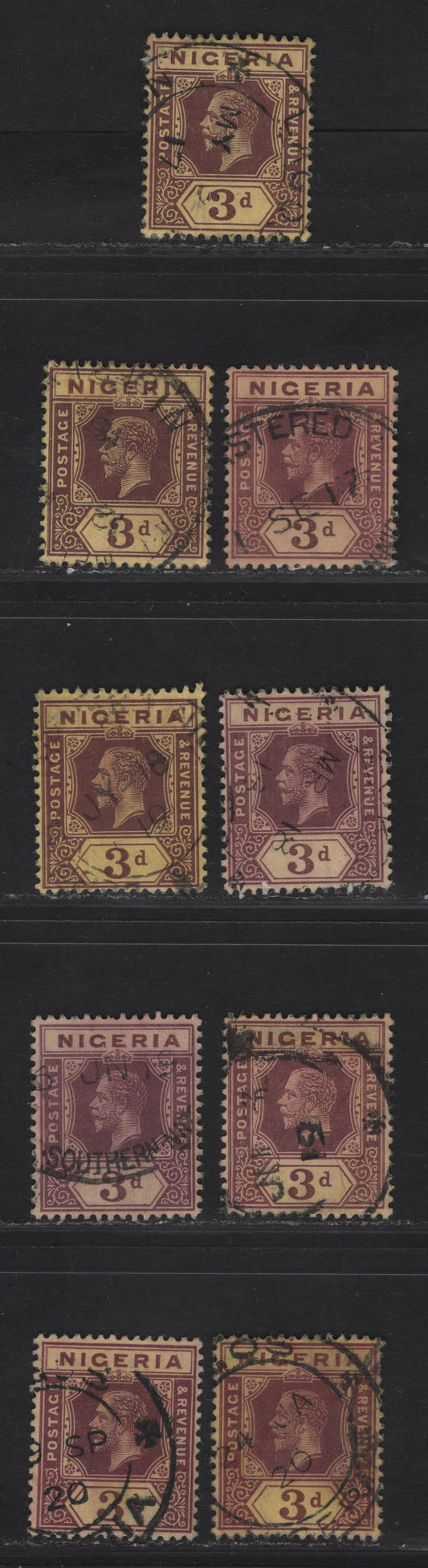 Lot 79 Nigeria #5a 3d Chocolate & Purple Brown, Chocolate & Bright Purple Brown, Chocolate & Brown Purple, 1914-29 King George V Imperium Keyplate Issue, Wmk Multiple Crown CA, 9 F & VF Used Singles On Lemon Backed Paper With Pale Or Deep Yellow Front