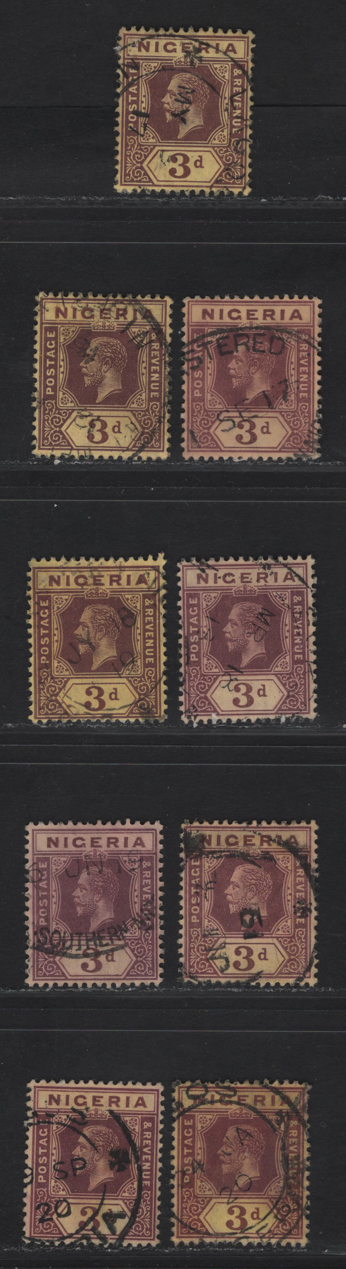 Nigeria #5a 3d Chocolate & Purple Brown, Chocolate & Bright Purple Brown, Chocolate & Brown Purple, 1914-29 King George V Imperium Keyplate Issue, Wmk Multiple Crown CA, 9 F & VF Used Singles On Lemon Backed Paper With Pale Or Deep Yellow Front