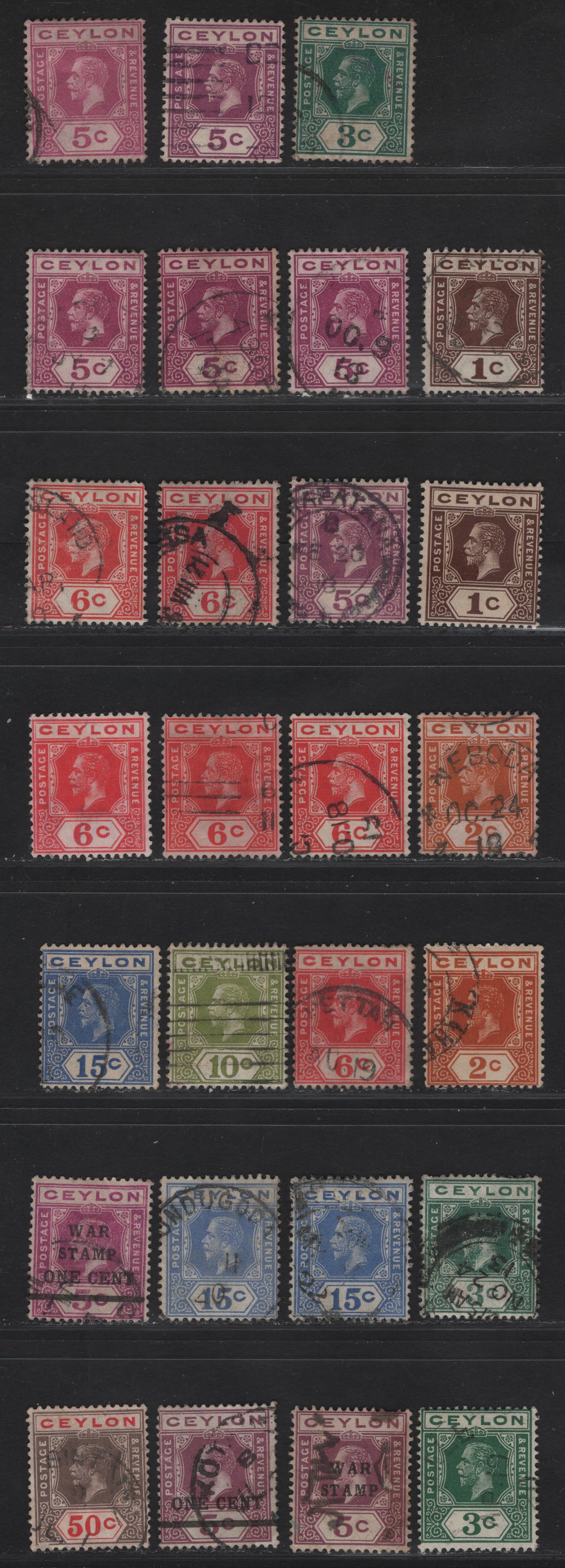 Lot 8 (C) Ceylon #301, 302, 303, 304, 306, 307-307a, 308a, 309, 310, 311-311a, 314, 333, 336, 337 1c Reddish Chocolate - 1c On 5c Purple, 1912-1925 King George V Imperium Keyplate Issue With Wmk Multiple Crown CA, 27 Fine Used Singles