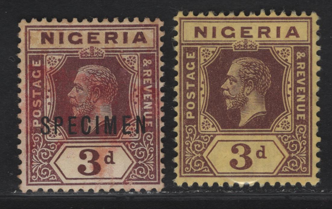 Lot 81 Nigeria #5b, 5bs 3d Purple Brown, 1914-1929 King George V Imperium Keyplate Issue, Wmk Multiple Crown CA, 2 FOG & UN Singles On Thick Deep Yellow Paper With Deep Yellow Back & Pale Yellow With Specimen Overprint