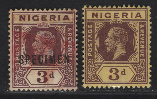 Lot 81 Nigeria #5b, 5bs 3d Purple Brown, 1914-1929 King George V Imperium Keyplate Issue, Wmk Multiple Crown CA, 2 FOG & UN Singles On Thick Deep Yellow Paper With Deep Yellow Back & Pale Yellow With Specimen Overprint