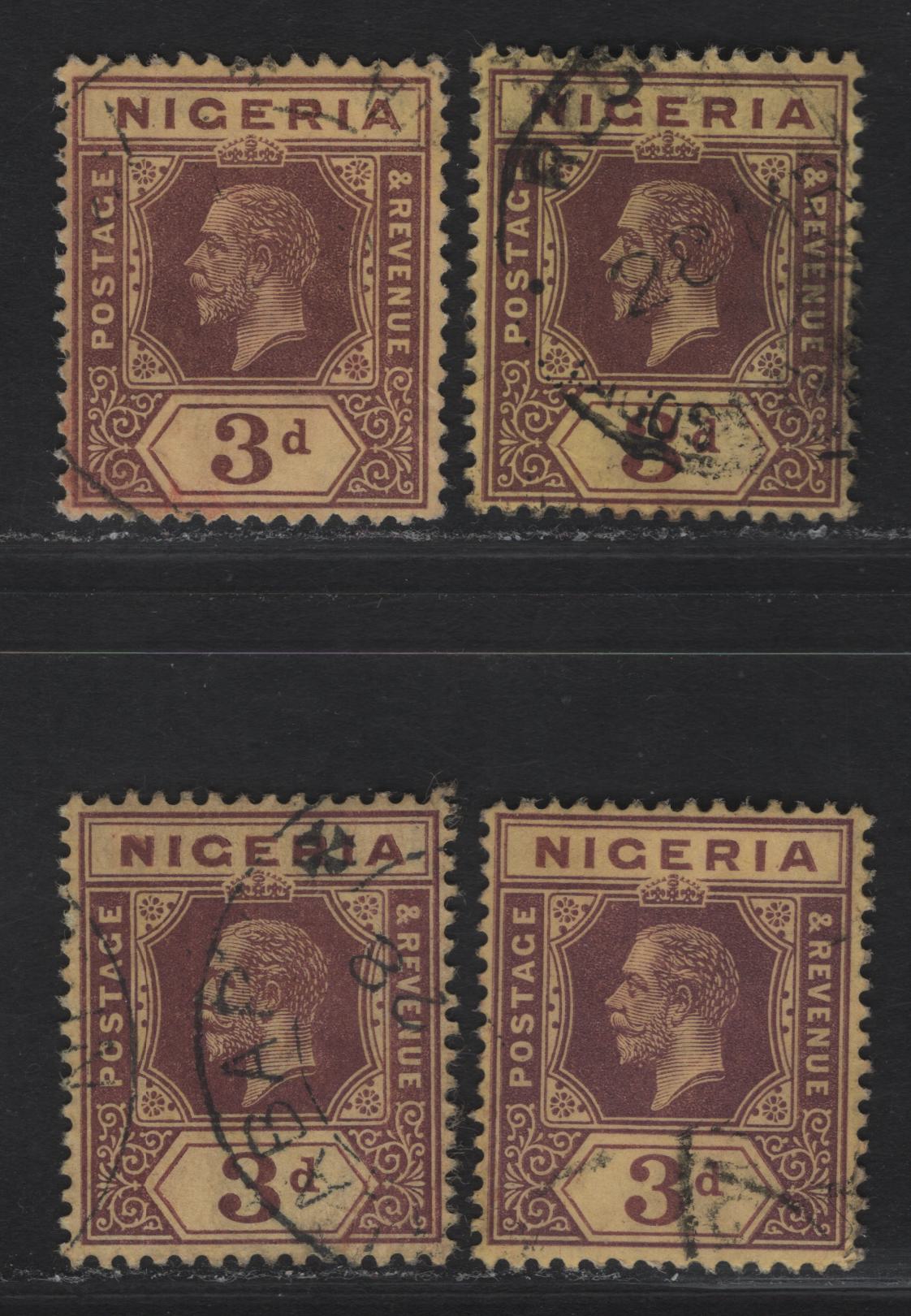 Lot 82 Nigeria #5b 3d Chocolate, Pale Chocolate Purple Brown And Brown, 1914-1929 King George V Imperium Keyplate Issue, Wmk Multiple Crown CA, 4 VF Used Singles On Thick Deep Yellow Paper With Deep Yellow Back