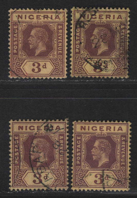 Lot 82 Nigeria #5b 3d Chocolate, Pale Chocolate Purple Brown And Brown, 1914-1929 King George V Imperium Keyplate Issue, Wmk Multiple Crown CA, 4 VF Used Singles On Thick Deep Yellow Paper With Deep Yellow Back
