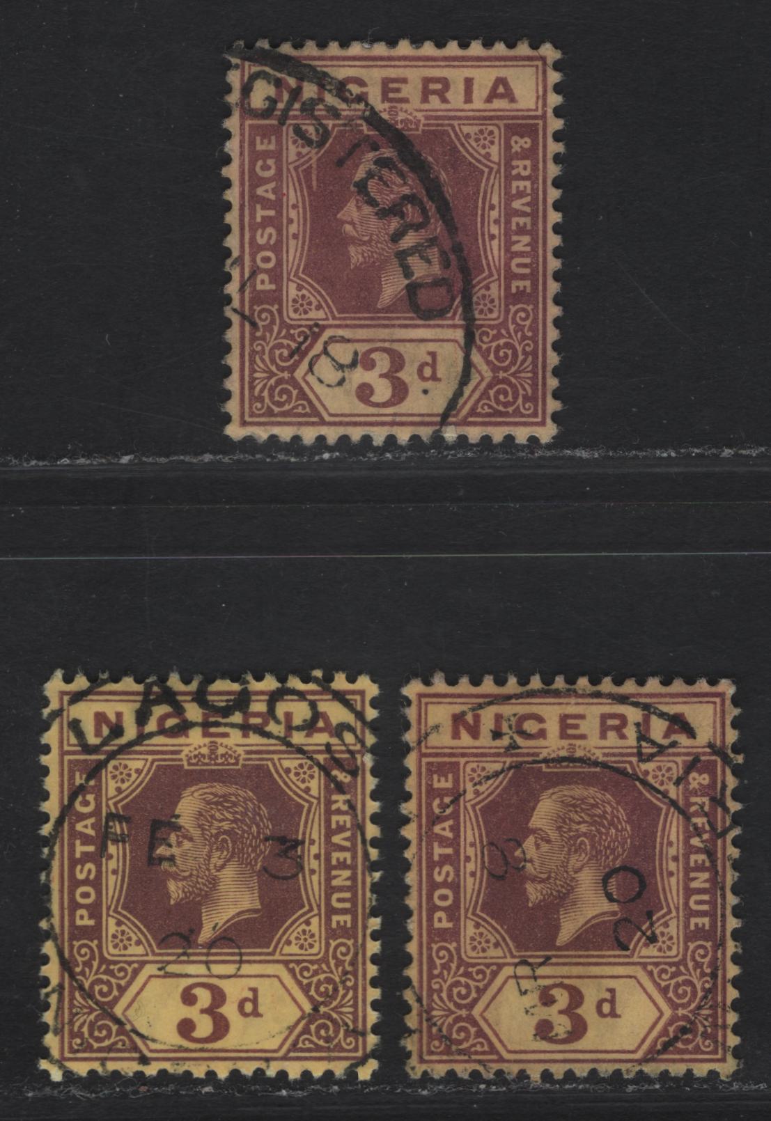 Lot 83 Nigeria #5b 3d Shades, 1914-29 King George V Imperium Keyplate Issue, Wmk Multiple Crown CA, On Thick Deep Yellow & Deep Bright Yellow Papers W/Deep Yellow Back, 1918 & 1920 Dates.3 VF Used Singles