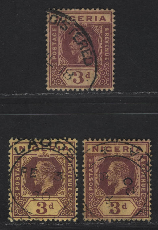 Lot 83 Nigeria #5b 3d Shades, 1914-29 King George V Imperium Keyplate Issue, Wmk Multiple Crown CA, On Thick Deep Yellow & Deep Bright Yellow Papers W/Deep Yellow Back, 1918 & 1920 Dates.3 VF Used Singles