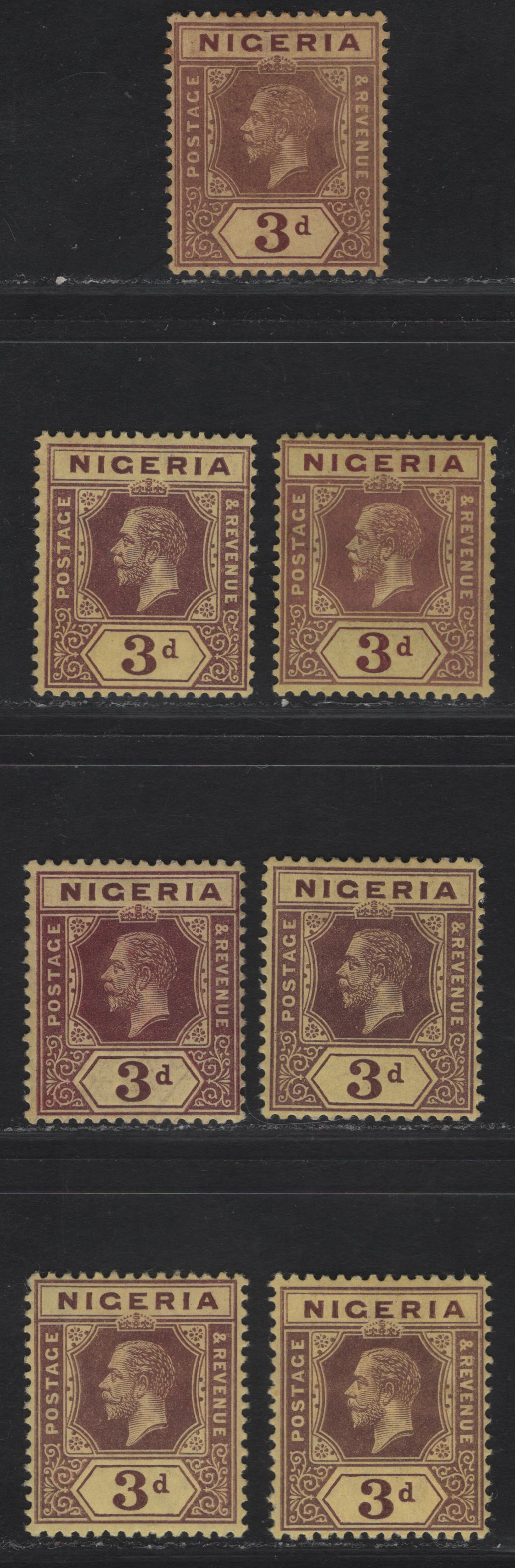 Lot 84 Nigeria #5, 5a, 5c 3d Var. Shades, 1914-29 King George V Imperium Keyplate Issue, Wmk Mult. Crown CA, 7 F&VF OG Singles 3 Different Papers W/3 Shades On Yellow Paper W/ White Back,2 On Lemon Backed Paper, 2 On Yellow Paper W/Orange Buff Back