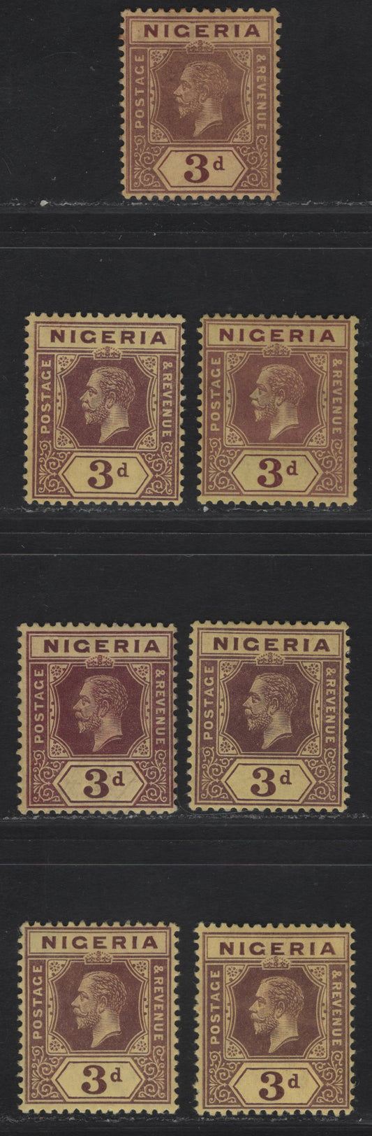 Lot 84 Nigeria #5, 5a, 5c 3d Var. Shades, 1914-29 King George V Imperium Keyplate Issue, Wmk Mult. Crown CA, 7 F&VF OG Singles 3 Different Papers W/3 Shades On Yellow Paper W/ White Back,2 On Lemon Backed Paper, 2 On Yellow Paper W/Orange Buff Back