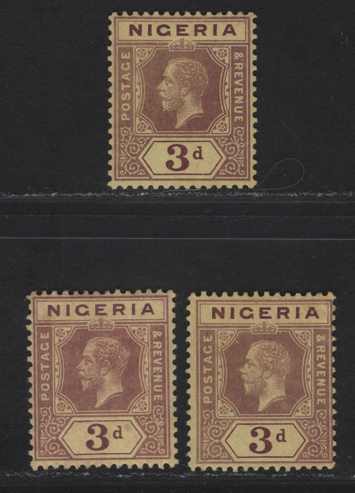 Lot 85 Nigeria #5e 3d Red Brown & Purple, Red Brown & Grey Purple, Red Brown & Pale Reddish Purple, 1914-29 King George V Imperium Keyplate Issue, Wmk Multiple Crown CA, 3 F & VF OG SIngles 1921 Printings All On Pale Yellow Paper