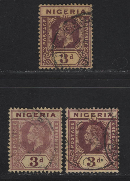 Lot 86 Nigeria #5e 3d Chocolate & Deep Purple Brown, Chocolate & Reddish Purple Brown, Chocolate & Very Pale Purple, 1914-29 King George V Imperium Keyplate Issue, Wmk Mult. Crown CA, 3 F & VF Used SIngles 1921 Printings On Pale Yellow Backed Paper
