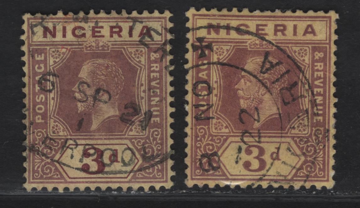 Lot 87 Nigeria #5e 3d Red Brown & Pale Purple, Redish Chocolate, 1914-29 King George V Imperium Keyplate Issue, Wmk Multiple Crown CA, 2 Very Fine Used Singles On Pale Yellow Paper With 1921 & 1922 Dated Cancels