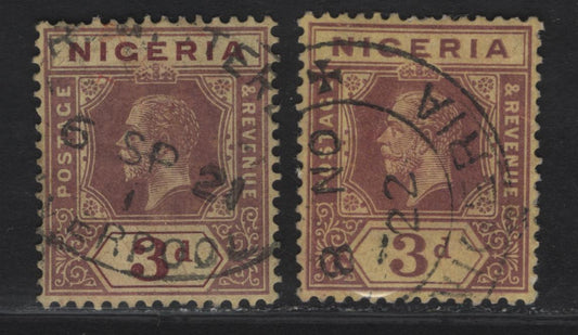 Lot 87 Nigeria #5e 3d Red Brown & Pale Purple, Redish Chocolate, 1914-29 King George V Imperium Keyplate Issue, Wmk Multiple Crown CA, 2 Very Fine Used Singles On Pale Yellow Paper With 1921 & 1922 Dated Cancels