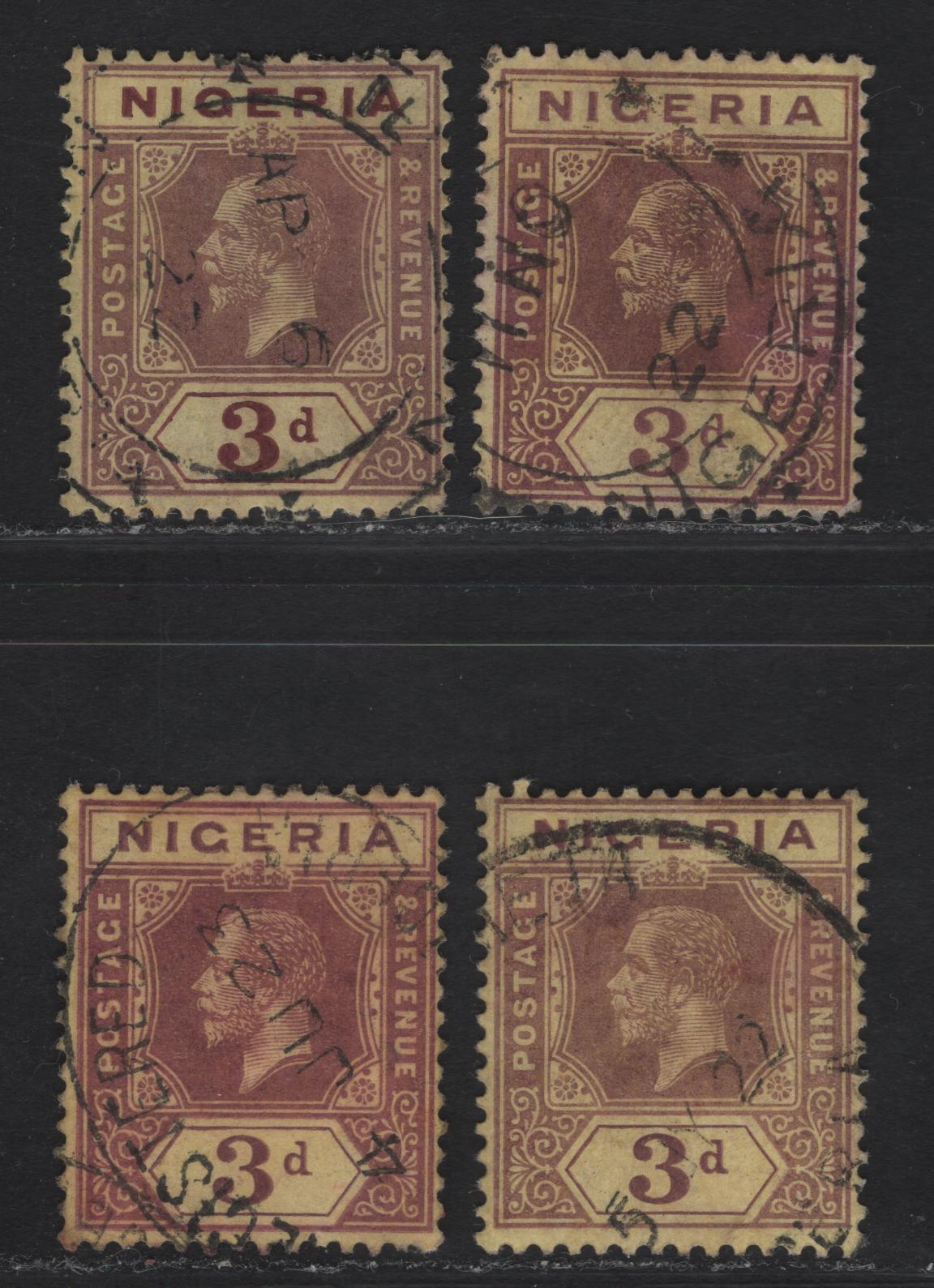 Lot 88 Nigeria #5e 3d Reddish Chocolate, Red Brown And Pale Purple, Chocolate  & Pale Purple, Chocolate & Bright Red Brown, 1914-29 King George V Imperium Keyplate Issue, Wmk Mult. Crown CA, 4 Fine Used Singles 1921-1923 Printings On Pale Yellow Paper