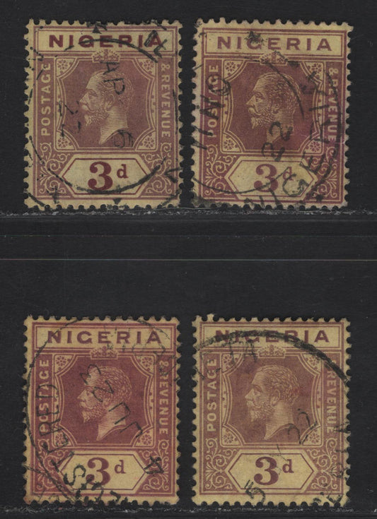 Lot 88 Nigeria #5e 3d Reddish Chocolate, Red Brown And Pale Purple, Chocolate  & Pale Purple, Chocolate & Bright Red Brown, 1914-29 King George V Imperium Keyplate Issue, Wmk Mult. Crown CA, 4 Fine Used Singles 1921-1923 Printings On Pale Yellow Paper