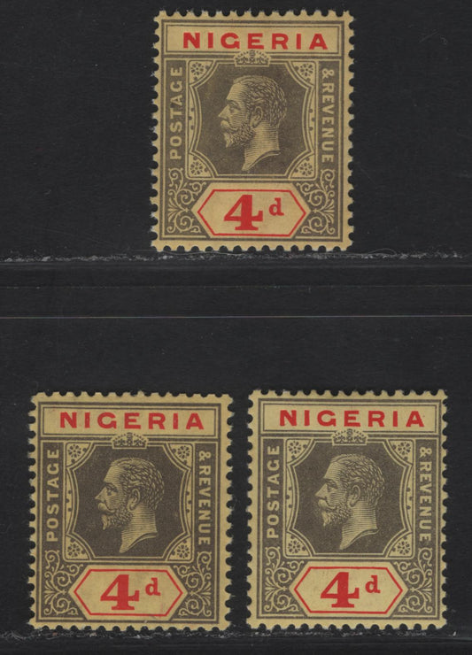 Lot 89 Nigeria #6, 6d 4d Grey & Red, Deep Grey & Deep Red, Grey Back & Bright Red, 1914-29 King George V Imperium Keyplate Issue, Wmk Multiple Crown CA, 3 F & VF NH Singles On Yellow paper With White Back & On Thick Deep Yellow Paper