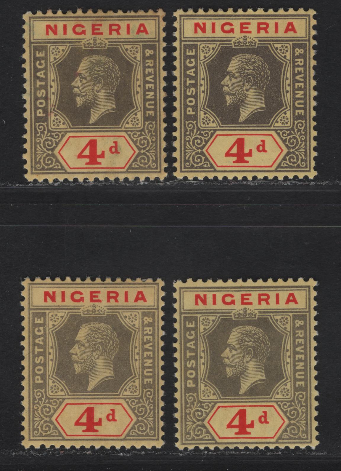 Lot 90 Nigeria #6 4d Shades(As Described), 1914-29 King George V Imperium Keyplate Issue, Wmk Multiple Crown CA, 4 VFOG Singles All On White Backed Paper