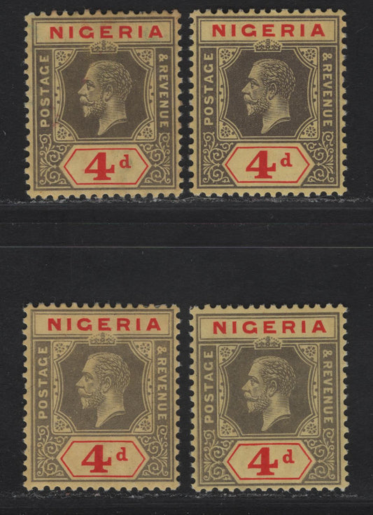 Lot 90 Nigeria #6 4d Shades(As Described), 1914-29 King George V Imperium Keyplate Issue, Wmk Multiple Crown CA, 4 VFOG Singles All On White Backed Paper