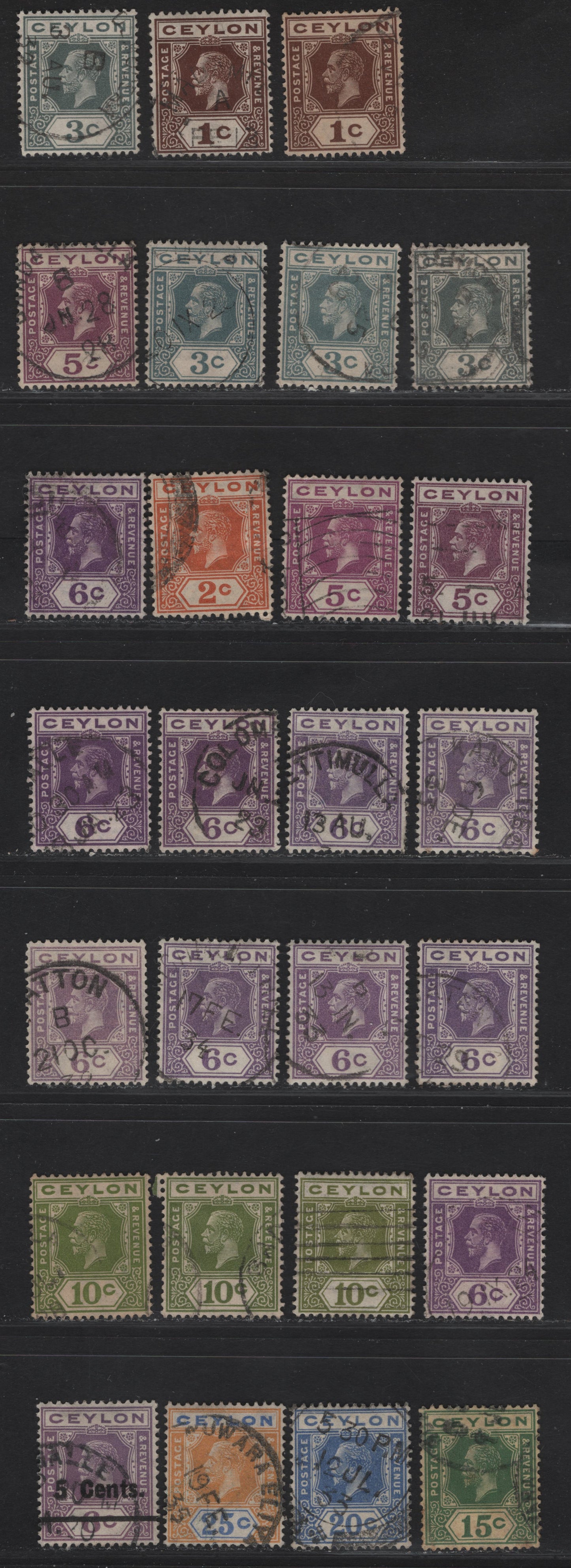 Lot 9 (C) Ceylon #338-346b, 349, 350b, 351b, 337 1c Brown - 25c Orange Yellow & Blue, 1921-1932 King George V Imperium Keyplate Issue With Bold CA Wmk, 27 Very Fine Used Singles Group With Both Die 1 & 2 And Shades