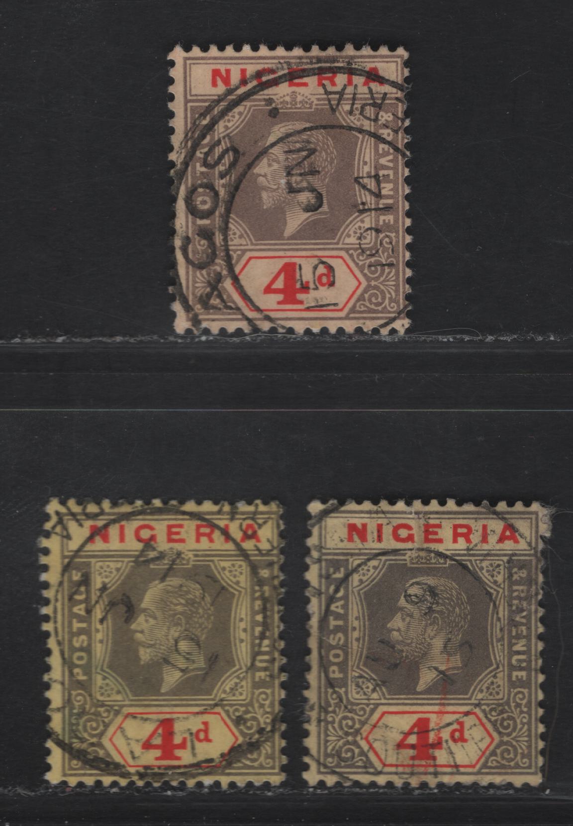 Lot 91 Nigeria SG#6 4d Pale Gray & Bright Red - Gray & Red King George V, 1914-1929 KGV Imperium Keyplate Issue, Wmk Multiple Crown CA, 3 Fine/Very Fine Used Singles, Very Pale Yellow, Pale Yellow & Lemon Papers With White Backs