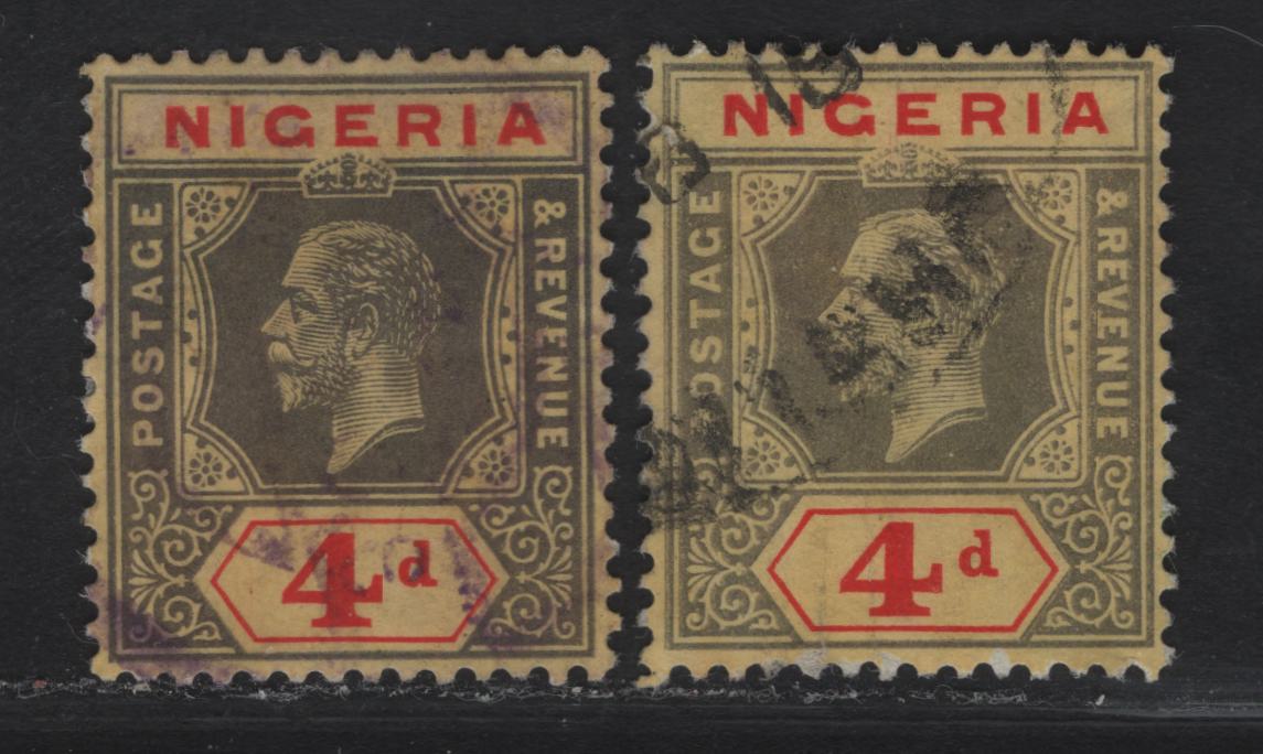 Lot 92 Nigeria SG#6 4d Gray/Deep Gray on Red King George V, 1914-1929 KGV Imperium Keyplate Issue, Wmk Multiple Crown CA, 2 Very Fine Used Singles, Yellow Paper With White Back, 1914-1915 Printings
