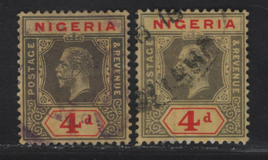 Nigeria SG#6 4d Gray/Deep Gray on Red King George V, 1914-1929 KGV Imperium Keyplate Issue, Wmk Multiple Crown CA, 2 Very Fine Used Singles, Yellow Paper With White Back, 1914-1915 Printings
