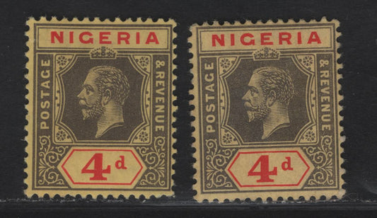 Lot 94 Nigeria SG#6a-b 4d Deep Gray Black & Red King George V, 1914-1929 KGV Imperium Keyplate Issue, Wmk Multiple Crown CA, 2 FOG Singles, Deep Yellow Paper With Lemon & Deep Yellow Backs