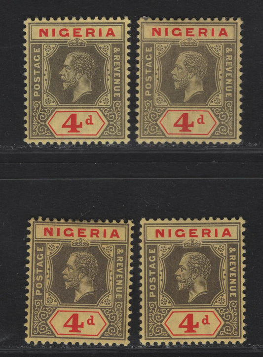 Lot 95 Nigeria SG#6a-b 4d Gray-Gray Black on Red King George V, 1914-1929 KGV Imperium Keyplate Issue, Wmk Multiple Crown CA, 3 VFOG Singles, Thick Deep Yellow & Regular Yellow Paper With Lemon Back