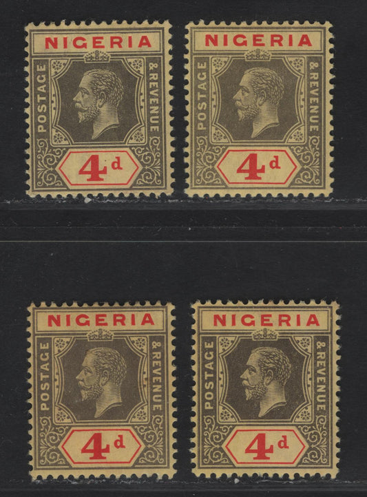 Nigeria SG#6a-b 4d Gray-Gray Black on Red King George V, 1914-1929 KGV Imperium Keyplate Issue, Wmk Multiple Crown CA, 4 FOG Singles, Thick Deep Yellow & Regular Yellow Paper With Lemon Back