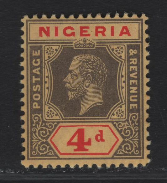 Lot 98 Nigeria SG#6b 4d Deep Gray & Red King George V, 1914-1929 KGV Imperium Keyplate Issue, A FOG Single, Dark Yellow Paper, Thicker Than Normal, Multiple Crown CA Wmk.