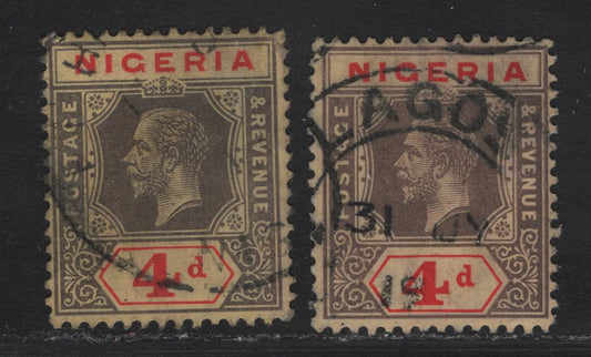 Lot 99 Nigeria SG#6a-b 4d Gray Black & Bright Red - Deep Brownish Gray & Red King George V, 1914-1929 KGV Imperium Keyplate Issue, 2 Fine Used Singles, Thick Deep Yellow & Pale Yellow Papers