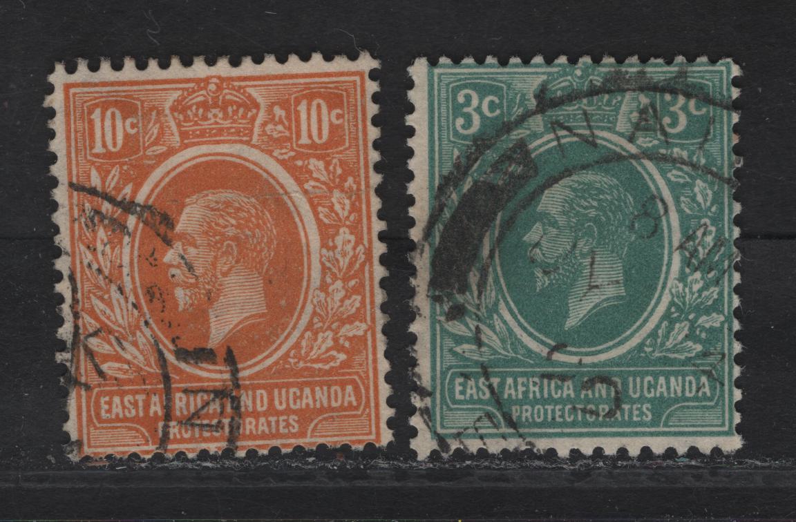 Lot 100 KUT SG#66a, 68 3c - 10c Blue Green - Orange King George V, 1921 KGV Keyplates, 2 Fine Used Singles, script CA Wmk