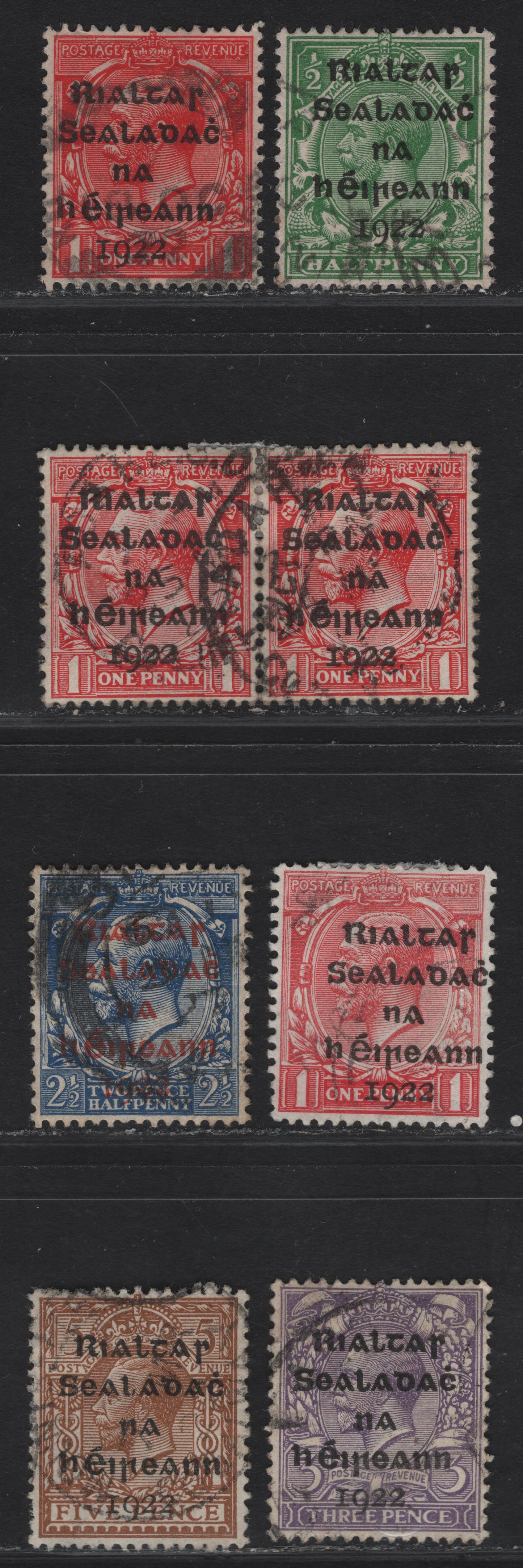 Lot 10 (C) Ireland SG#1-3, 4b, 5, 7 1/2d - 5d Green - Yellow Brown King George V, 1922 KGV Profile Heads Issue, 7 Very Fine Used Singles, Dollard Overprints