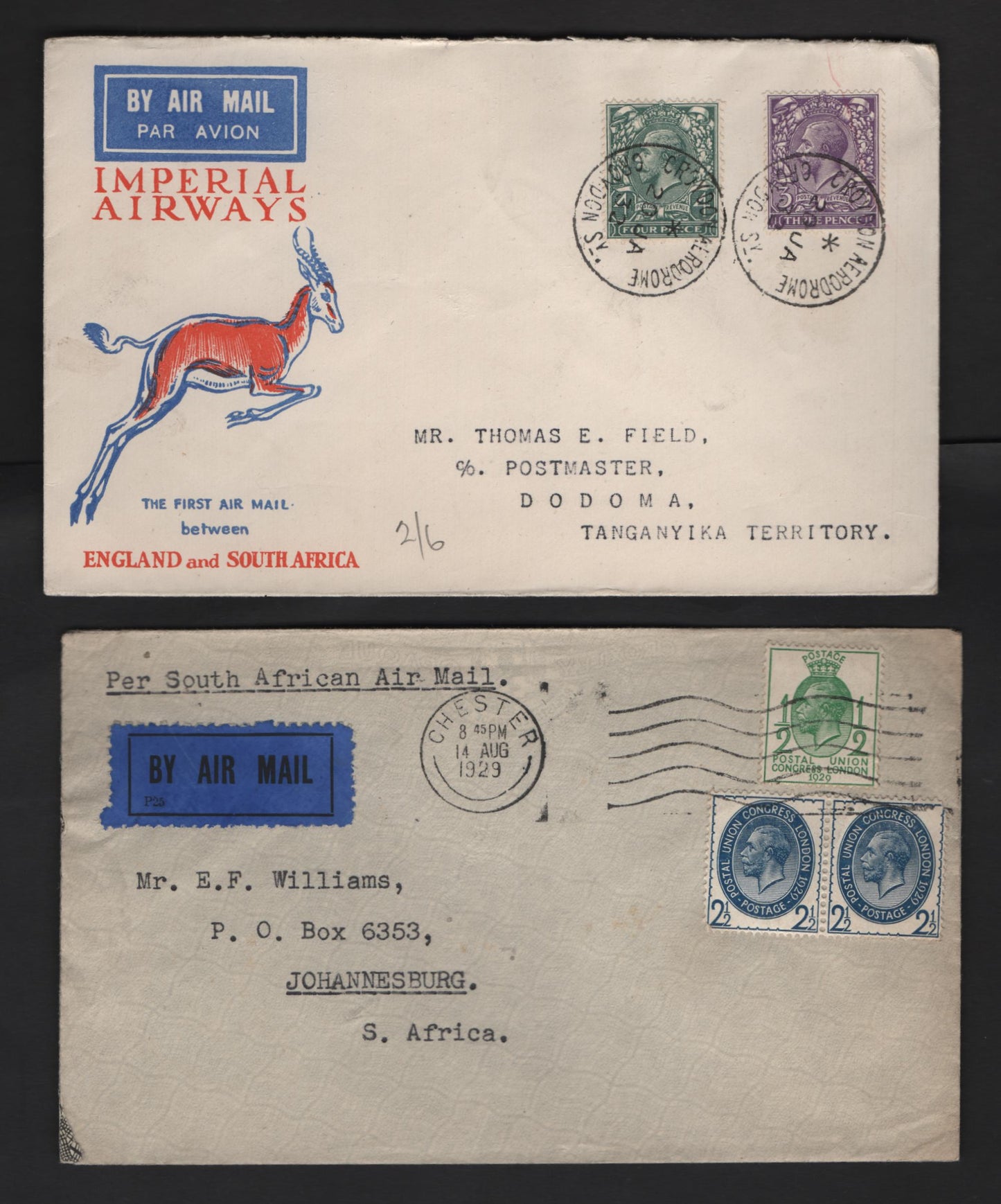 Lot 1 Great Britain SG#423-424, 434, 437 3d - 2.5d Violet - Blue King George V, 1924-1934 KGV Profile Head Issue, 5 Very Fine Used Singles On 2 Covers, Block Cypher & 1929 Ninth UPU Congress Wmks, Sent In 1929 & 1932