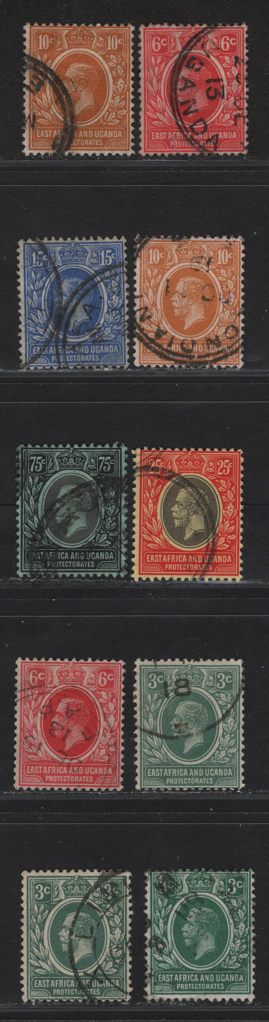 Lot 101 KUT SG#45-a, 46-a, 47-a, 49, 50a, 52 3c - 75c Deep Blue Green - Black & Gray on Green King George V, 1912-1921 KGV Keyplates, 9 Fine/Very Fine Used Singles, Multiple Crown CA Wmk