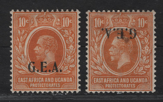 Lot 103 Tanganyika SG#73var 10c Orange King George V, 1922 GEA Overprinted Issue, 2 F/VFOG Singles, Inverted Overprint, Gibbons Lists As 'Clandestine Origin', Normal For Comparison.